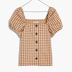 Madewell Gingham Jacquard Square-Neck Puff-Sleeve Top
